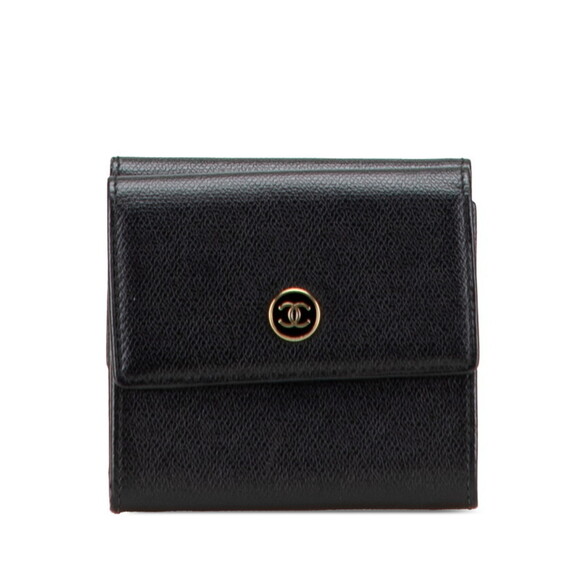 CHANEL Coco Button Tri-fold Wallet Black Leather Women's